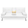 White Faux Leather Convertible Sofa Futon with 2 Cup Holders
