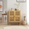 4-Doors Rattan Mesh Storage Cabinet, Sideboard with Eight Storage Spaces, for Entryway, Living Room, Hallway (Natural)