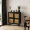 4-Doors Rattan Mesh Storage Cabinet, Sideboard with Eight Storage Spaces, for Entryway, Living Room, Hallway (Black)