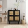 4-Doors Rattan Mesh Storage Cabinet, Sideboard with Eight Storage Spaces, for Entryway, Living Room, Hallway (Black)